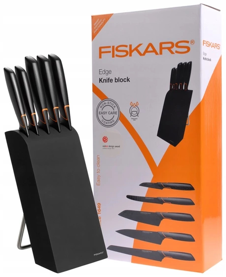 SADA 5 NOŽŮ V BLOKU FISKARS EDGE KOMPLET NOŽE KUCHYŇSK&Eacute; OSTR&Eacute; + BROUSEK Řada Edge
