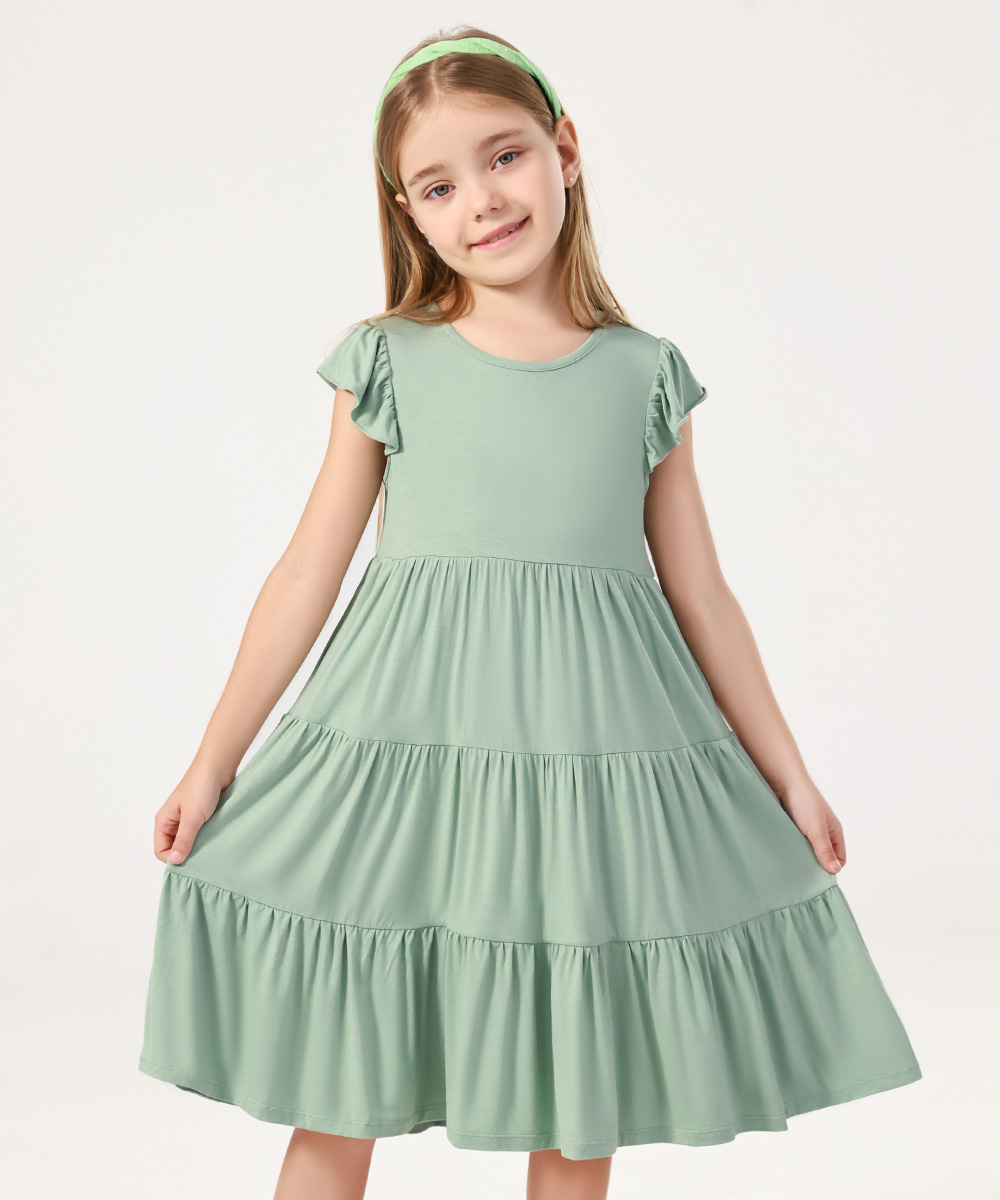 5-14Y Girl's Flutter Sleeve Tiered Swing Midi Casual Bamboo Sundress