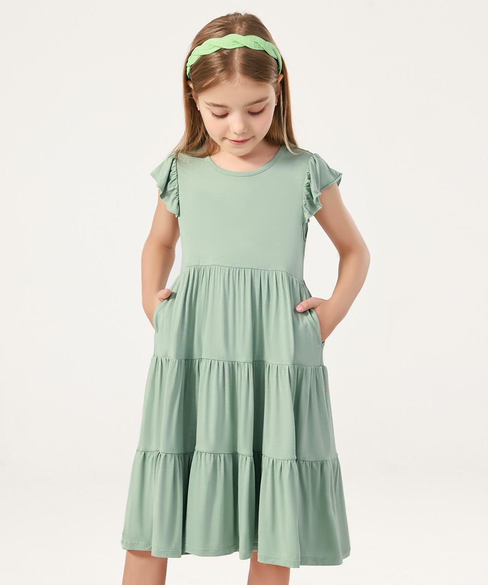 5-14Y Girl's Flutter Sleeve Tiered Swing Midi Casual Bamboo Sundress