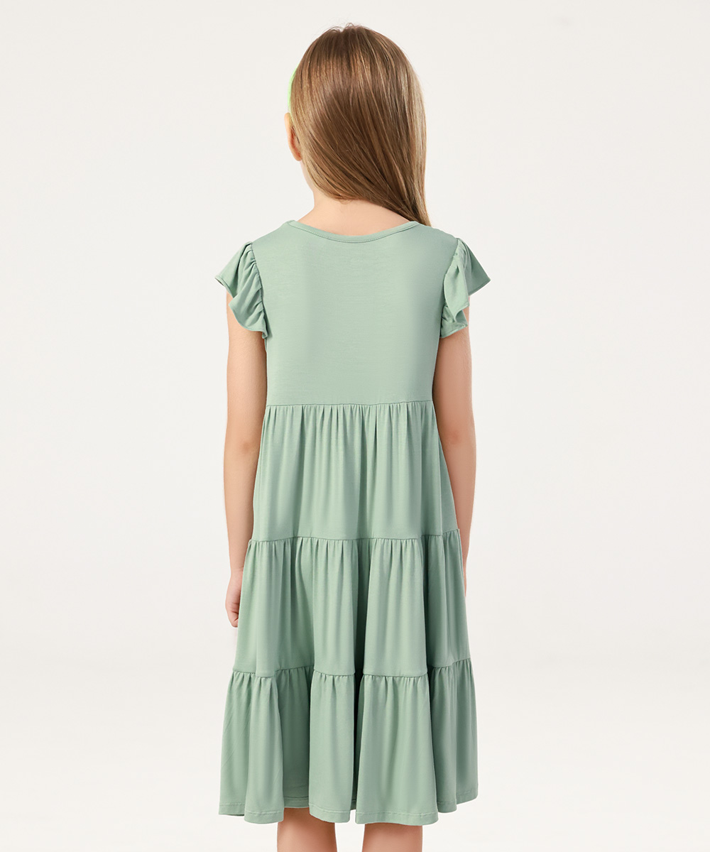 5-14Y Girl's Flutter Sleeve Tiered Swing Midi Casual Bamboo Sundress