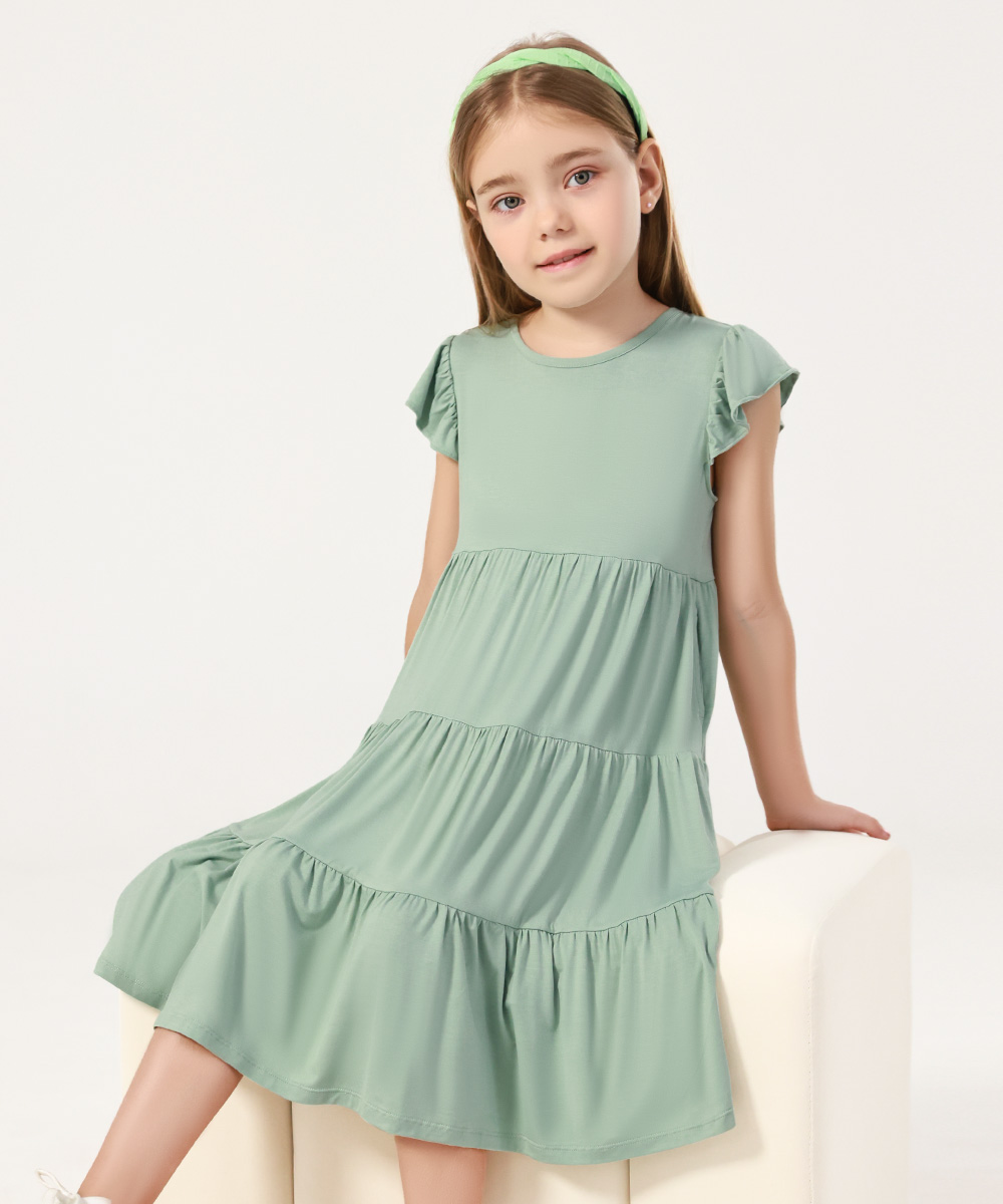 5-14Y Girl's Flutter Sleeve Tiered Swing Midi Casual Bamboo Sundress