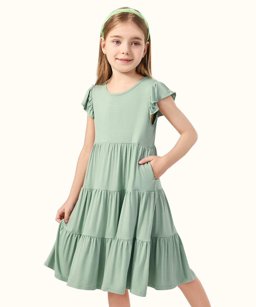 5-14Y Girl's Flutter Sleeve Tiered Swing Midi Casual Bamboo Sundress