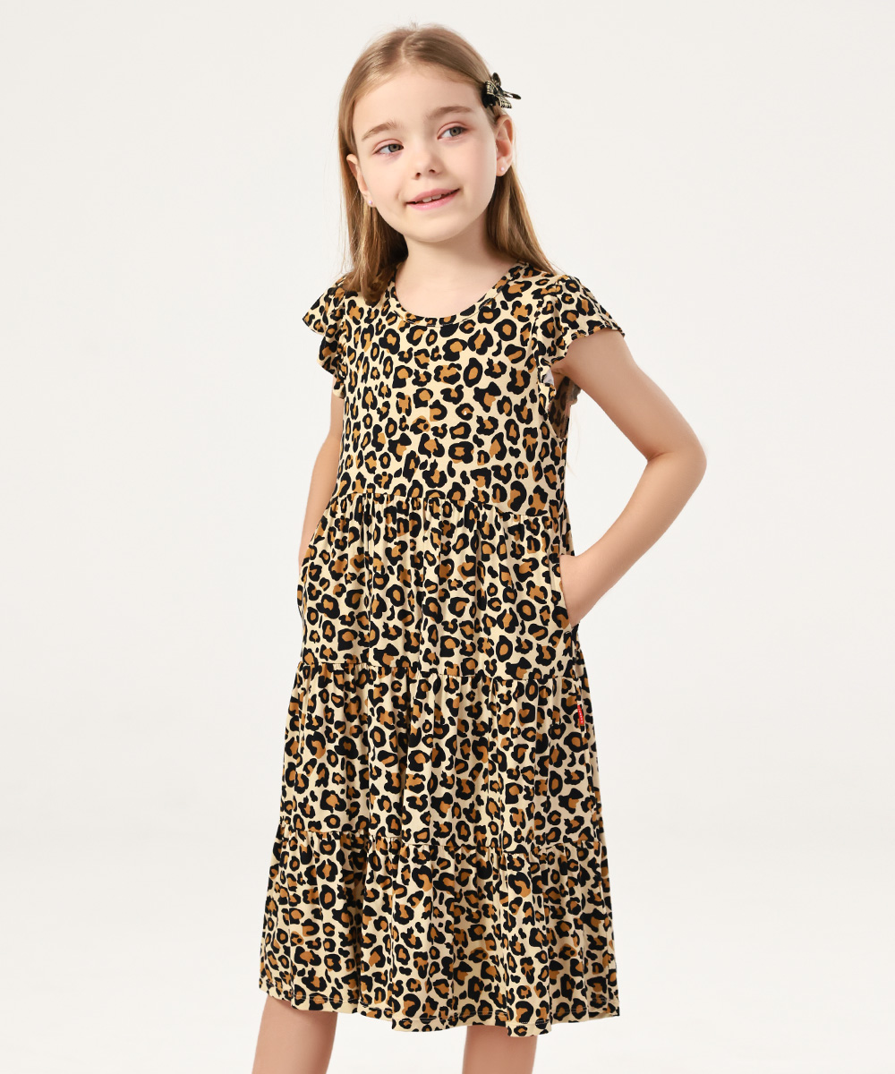 5-14Y Girl's Flutter Sleeve Tiered Swing Midi Casual Bamboo Sundress