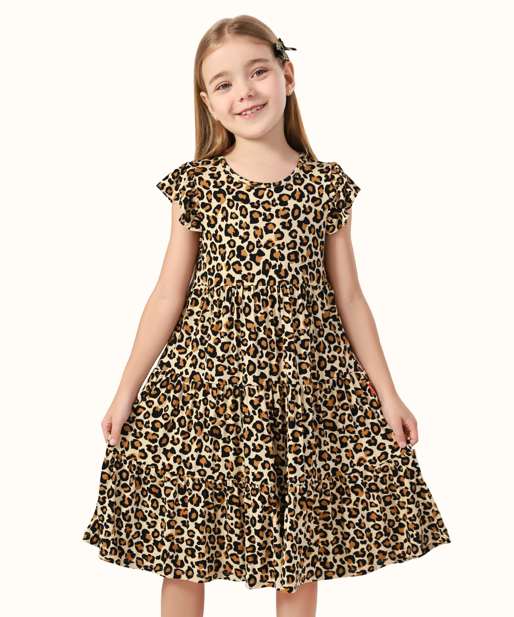 5-14Y Girl's Flutter Sleeve Tiered Swing Midi Casual Bamboo Sundress