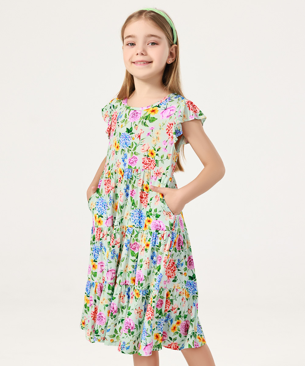 5-14Y Girl's Flutter Sleeve Tiered Swing Midi Casual Bamboo Sundress