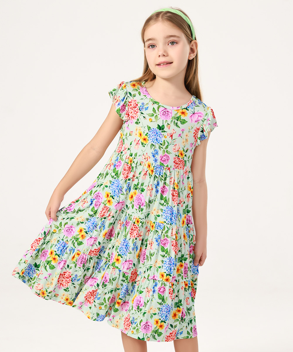 5-14Y Girl's Flutter Sleeve Tiered Swing Midi Casual Bamboo Sundress
