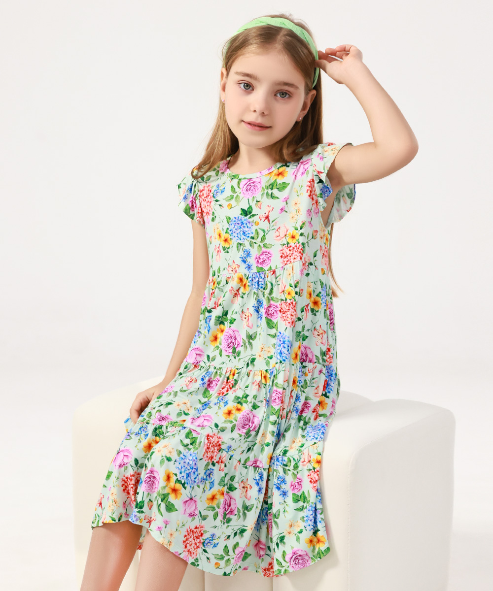 5-14Y Girl's Flutter Sleeve Tiered Swing Midi Casual Bamboo Sundress