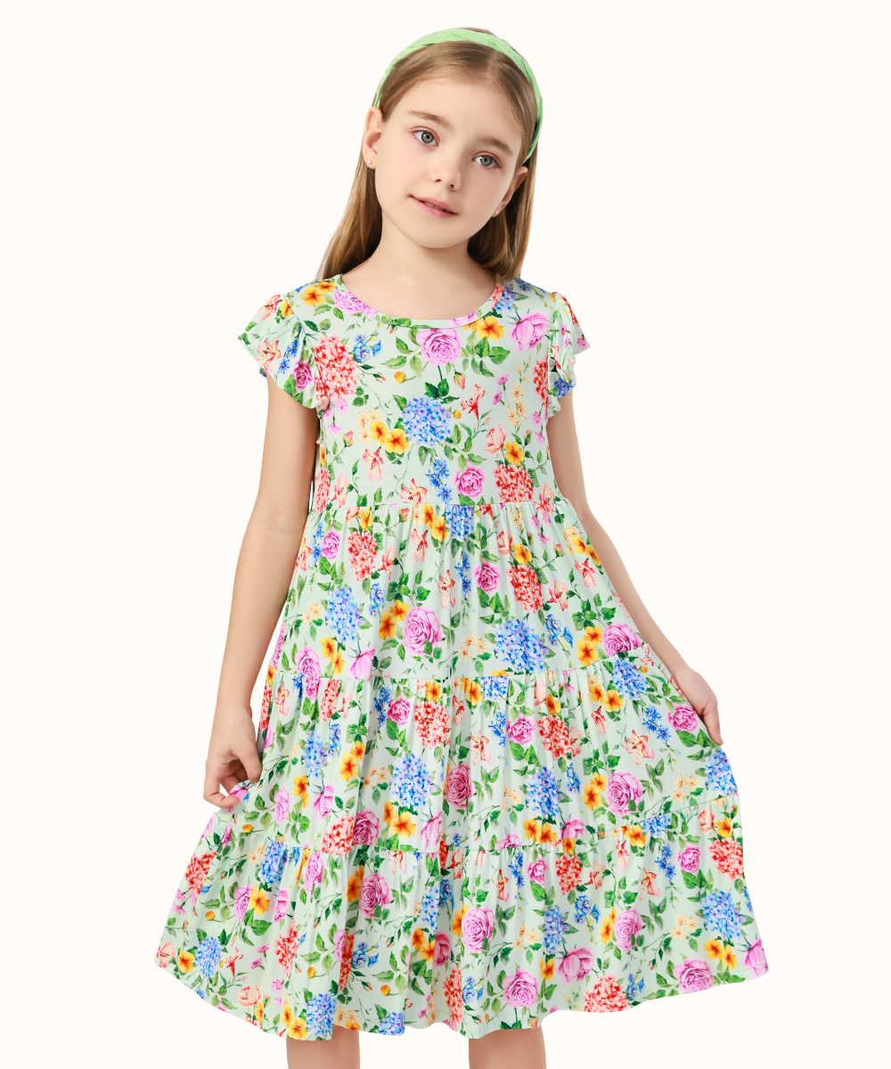 5-14Y Girl's Flutter Sleeve Tiered Swing Midi Casual Bamboo Sundress