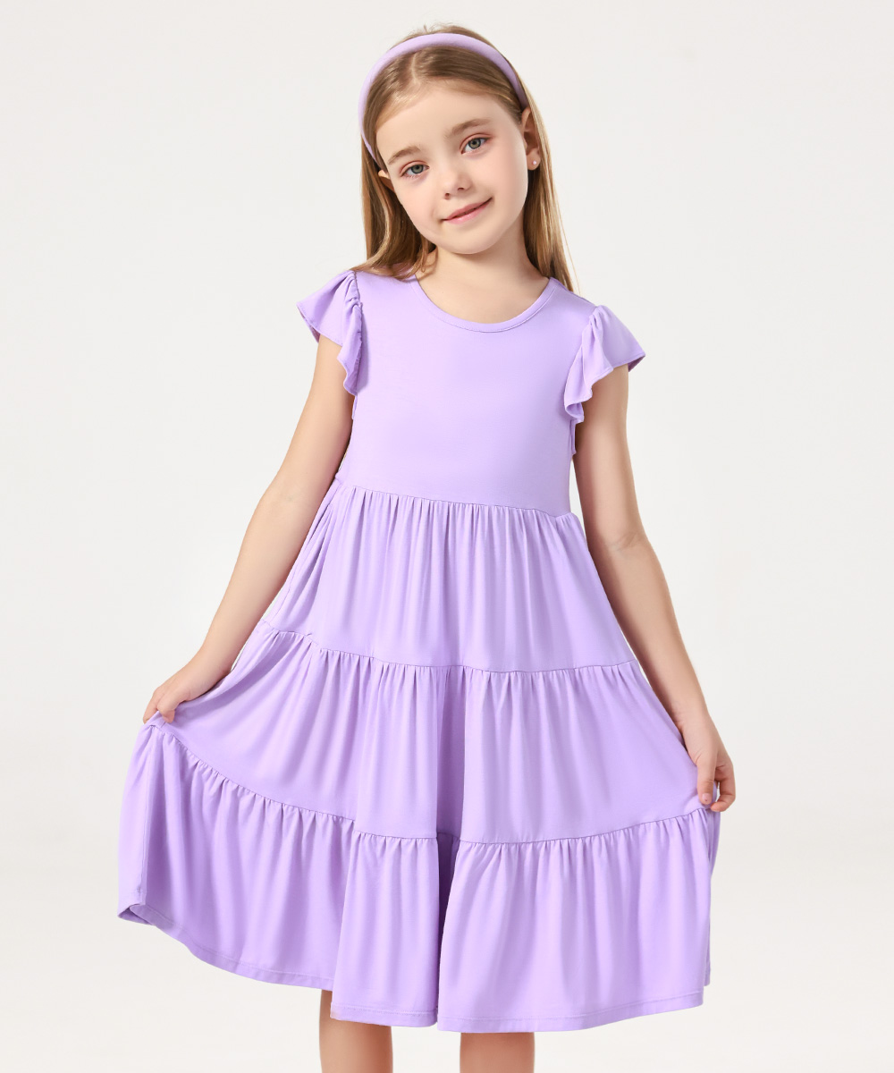 5-14Y Girl's Flutter Sleeve Tiered Swing Midi Casual Bamboo Sundress