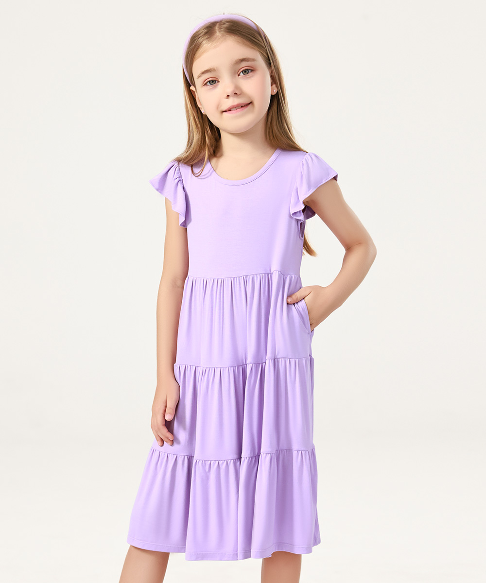 5-14Y Girl's Flutter Sleeve Tiered Swing Midi Casual Bamboo Sundress
