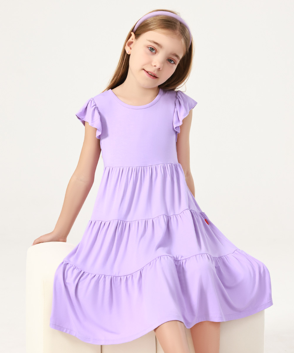 5-14Y Girl's Flutter Sleeve Tiered Swing Midi Casual Bamboo Sundress