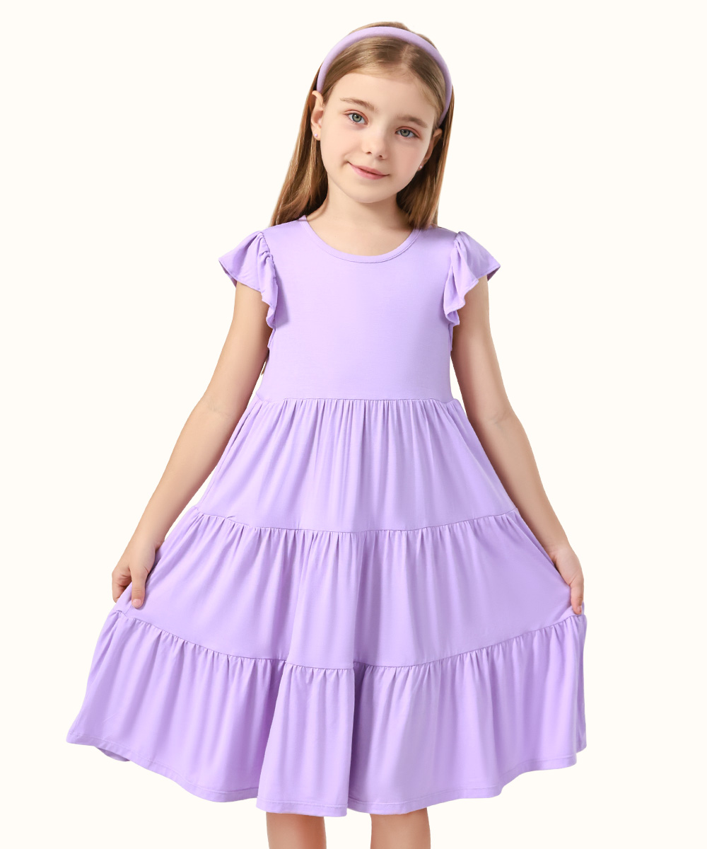 5-14Y Girl's Flutter Sleeve Tiered Swing Midi Casual Bamboo Sundress