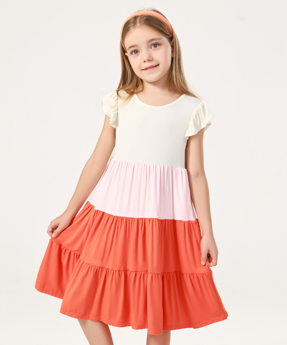 5-14Y Girl's Flutter Sleeve Tiered Swing Midi Casual Bamboo Sundress