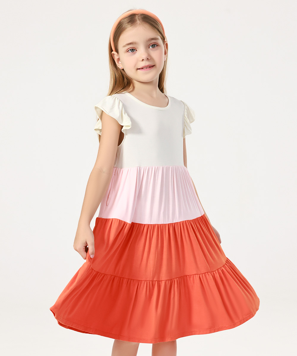 5-14Y Girl's Flutter Sleeve Tiered Swing Midi Casual Bamboo Sundress