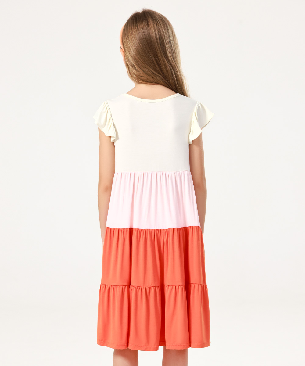 5-14Y Girl's Flutter Sleeve Tiered Swing Midi Casual Bamboo Sundress