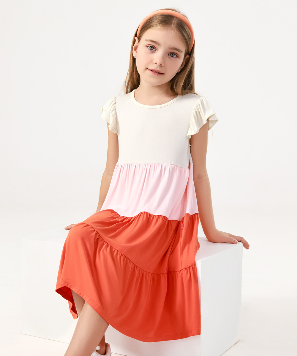 5-14Y Girl's Flutter Sleeve Tiered Swing Midi Casual Bamboo Sundress