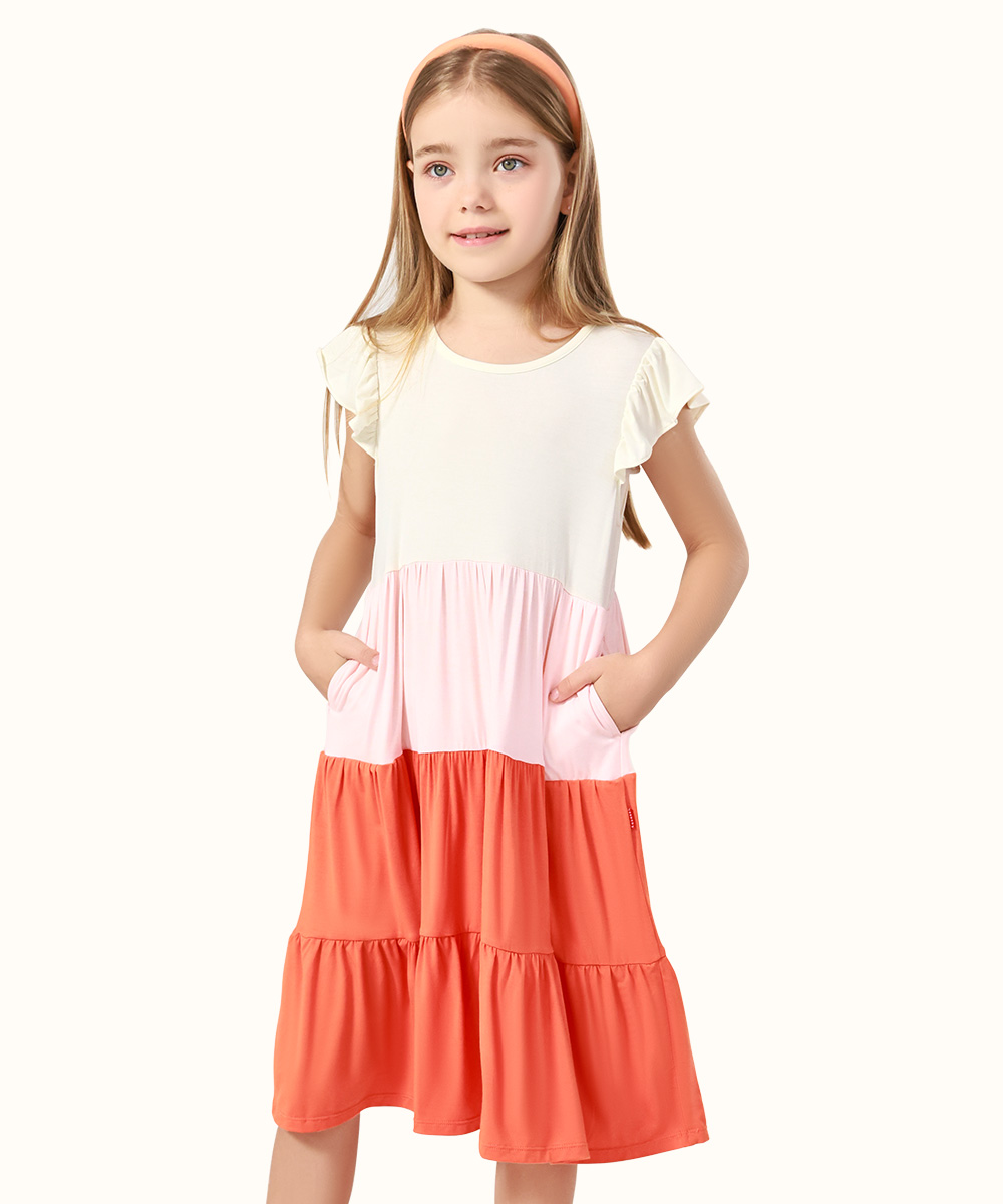 5-14Y Girl's Flutter Sleeve Tiered Swing Midi Casual Bamboo Sundress