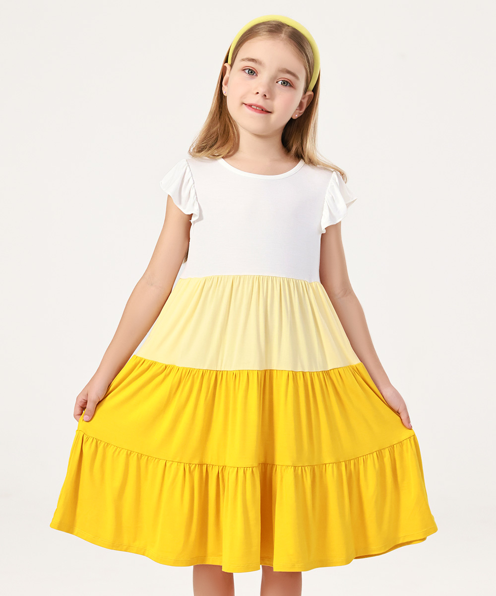 5-14Y Girl's Flutter Sleeve Tiered Swing Midi Casual Bamboo Sundress