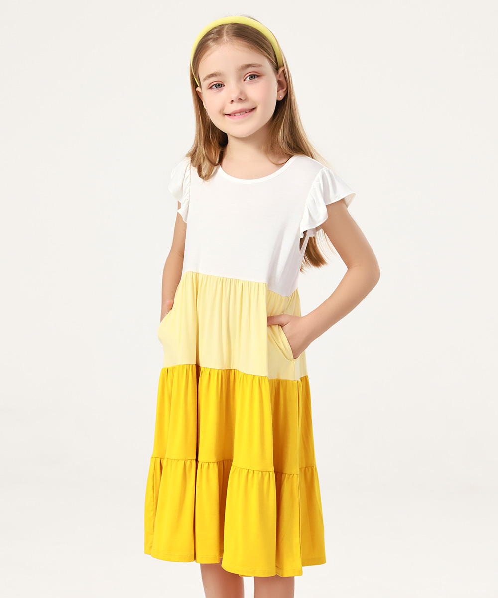 5-14Y Girl's Flutter Sleeve Tiered Swing Midi Casual Bamboo Sundress