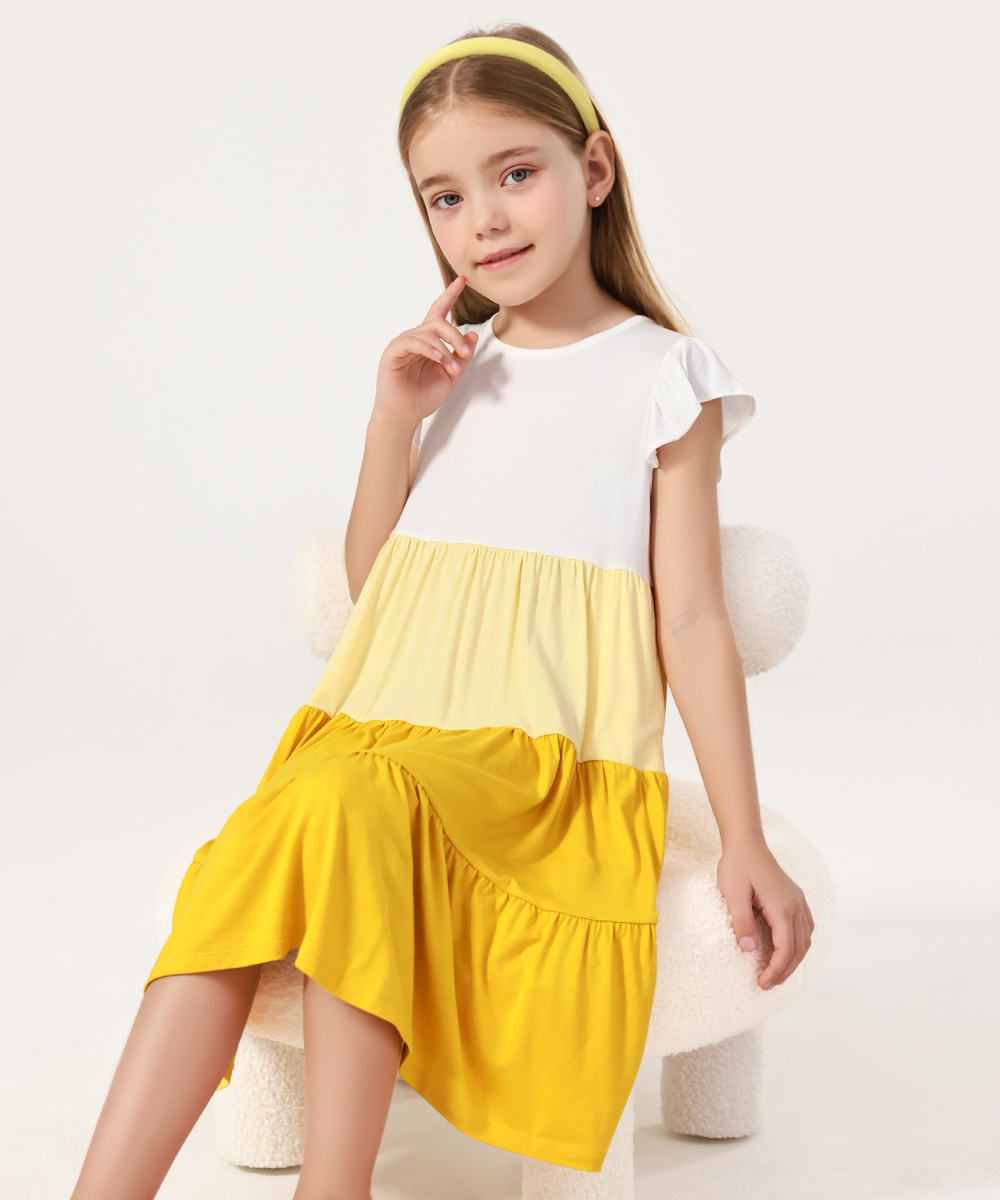 5-14Y Girl's Flutter Sleeve Tiered Swing Midi Casual Bamboo Sundress