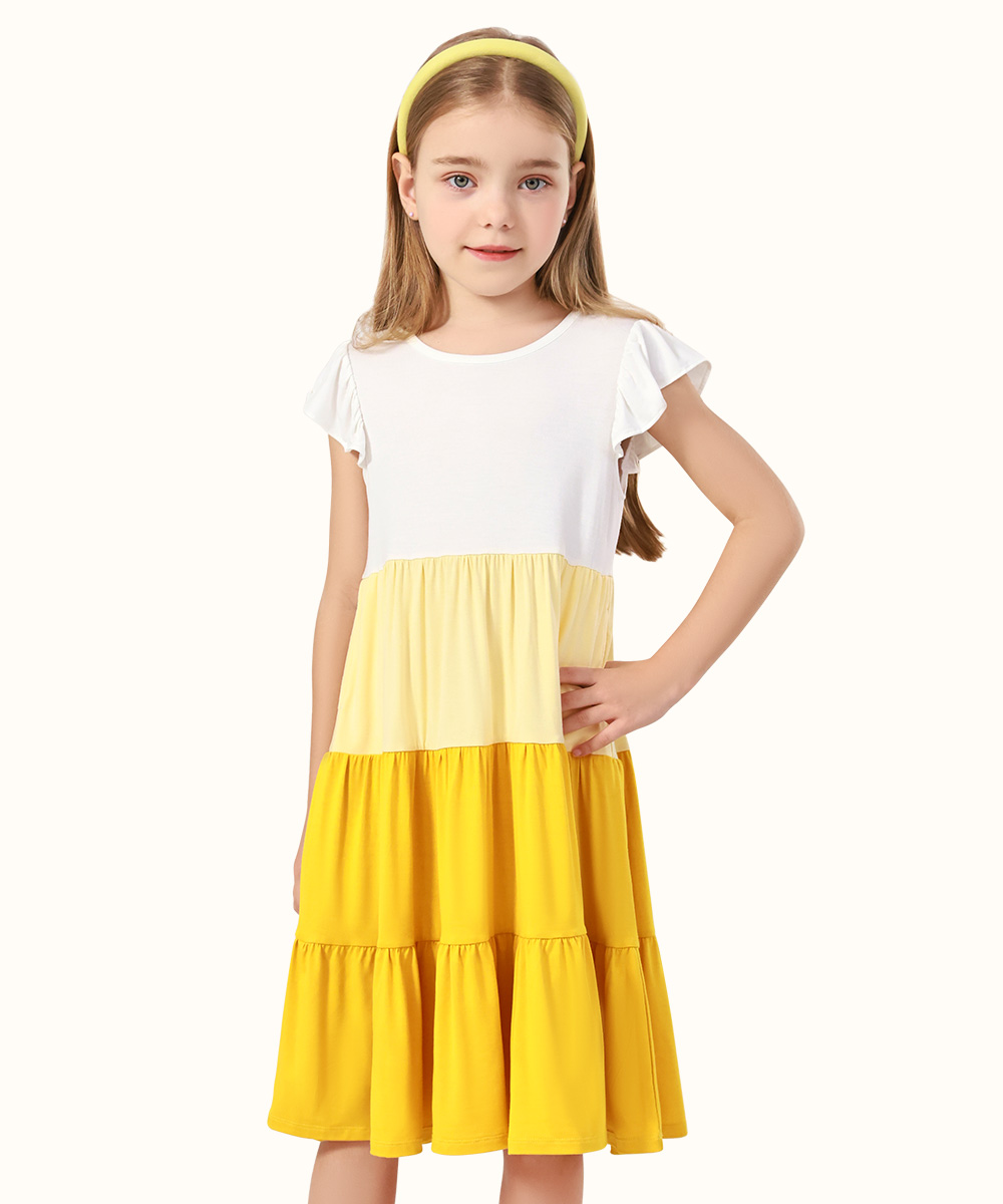 5-14Y Girl's Flutter Sleeve Tiered Swing Midi Casual Bamboo Sundress