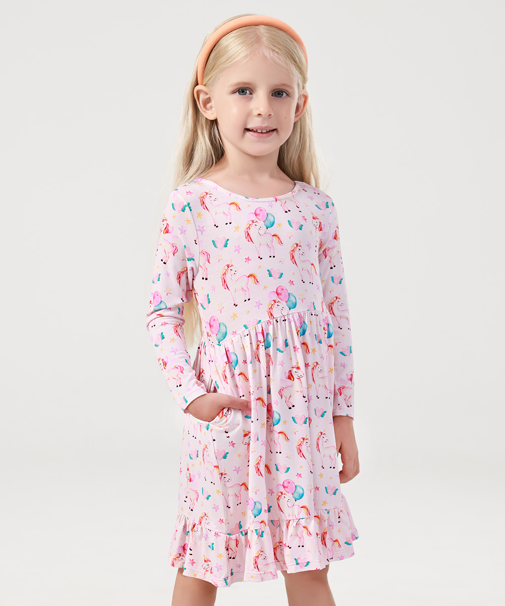 2T-12Y Long Sleeve Bamboo Viscose Girls' Twirl Dresses