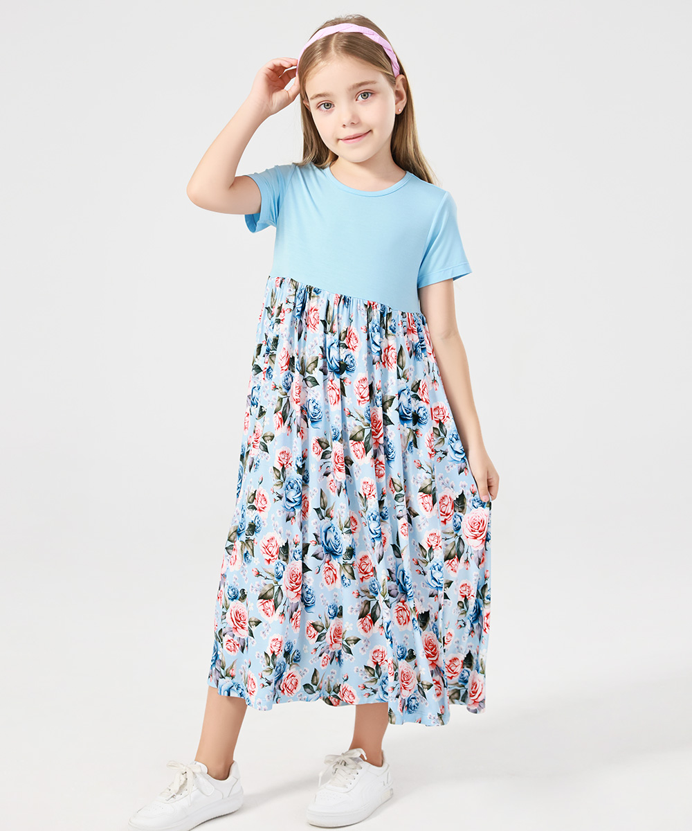 Girls Maxi Bamboo Short Sleeve Flowy Casual Dresses
