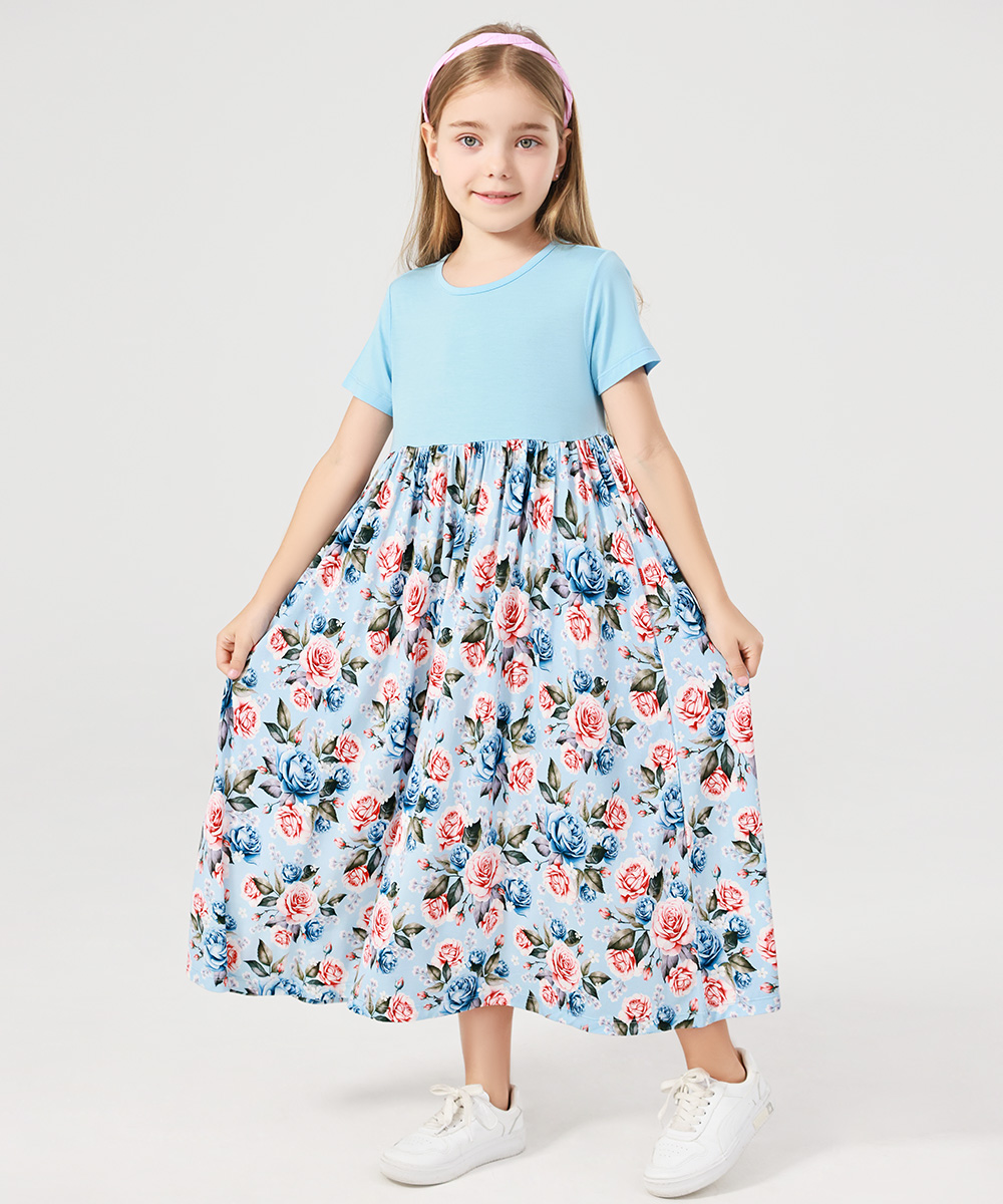 Girls Maxi Bamboo Short Sleeve Flowy Casual Dresses
