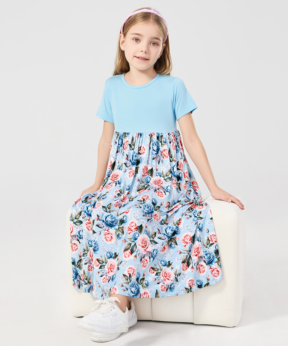 Girls Maxi Bamboo Short Sleeve Flowy Casual Dresses