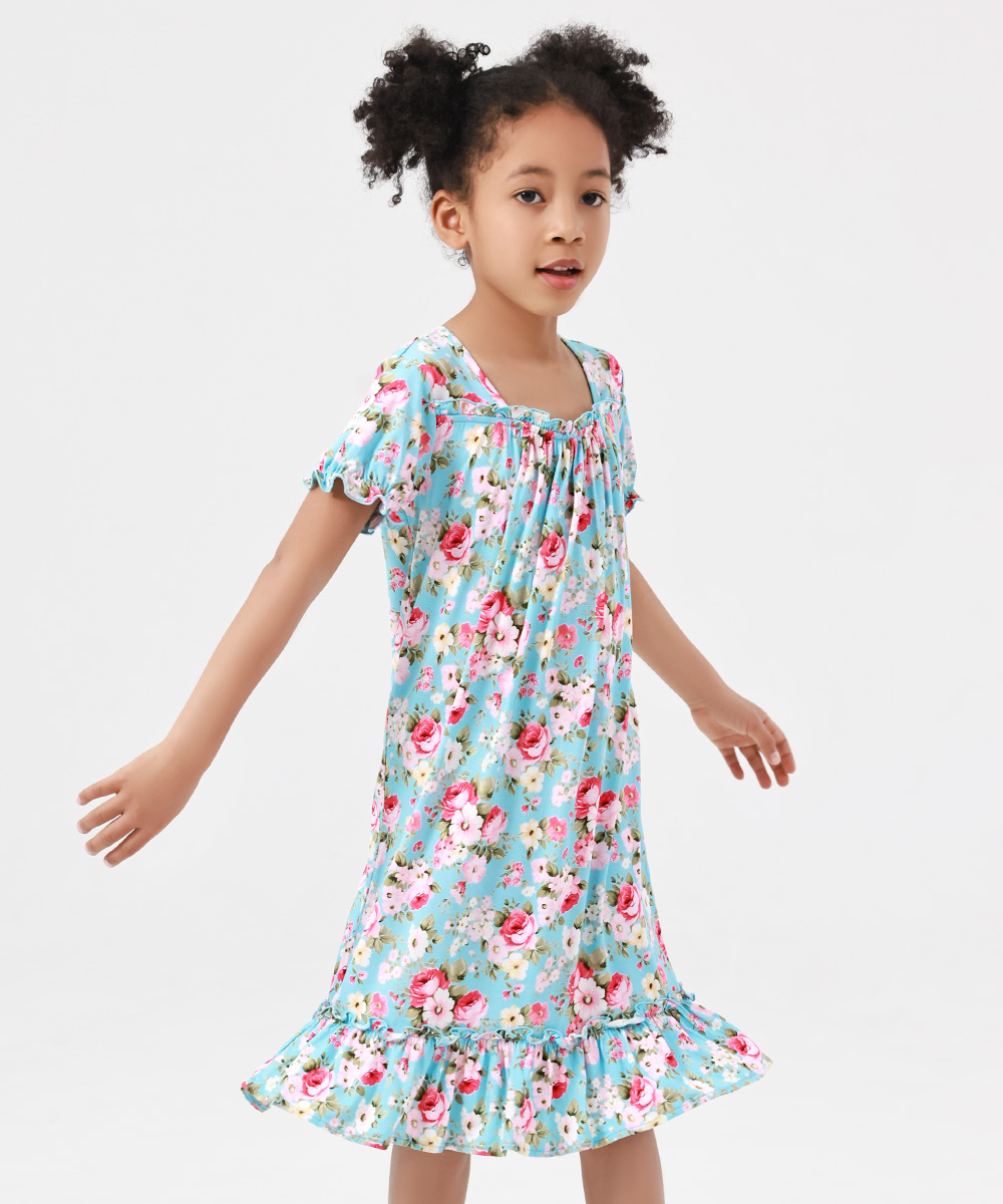 3T-12Y Girls' Short Sleeve Casual Bamboo Pajama Dresses