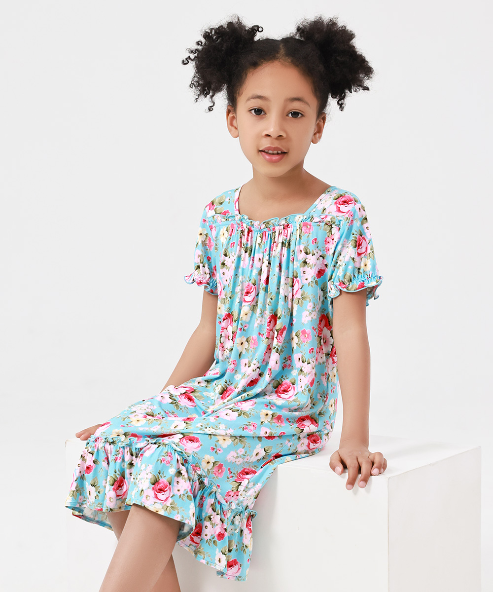 3T-12Y Girls' Short Sleeve Casual Bamboo Pajama Dresses
