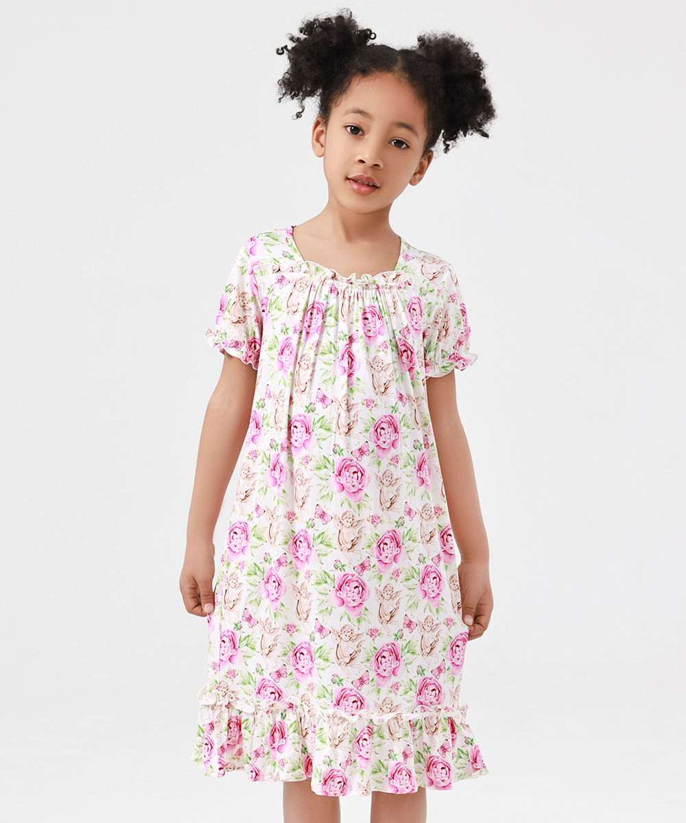 3T-12Y Girls' Short Sleeve Casual Bamboo Pajama Dresses