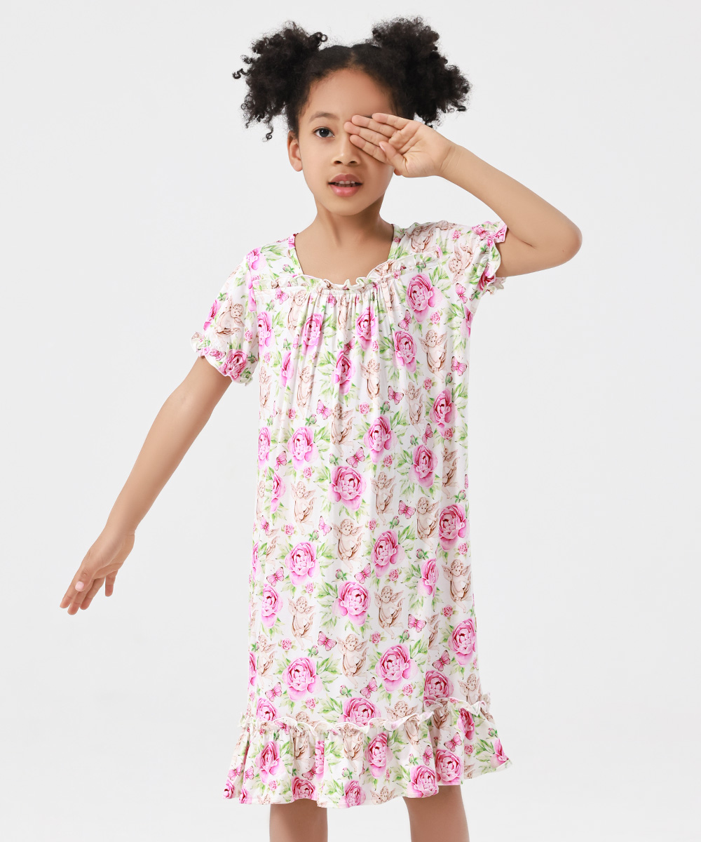 3T-12Y Girls' Short Sleeve Casual Bamboo Pajama Dresses