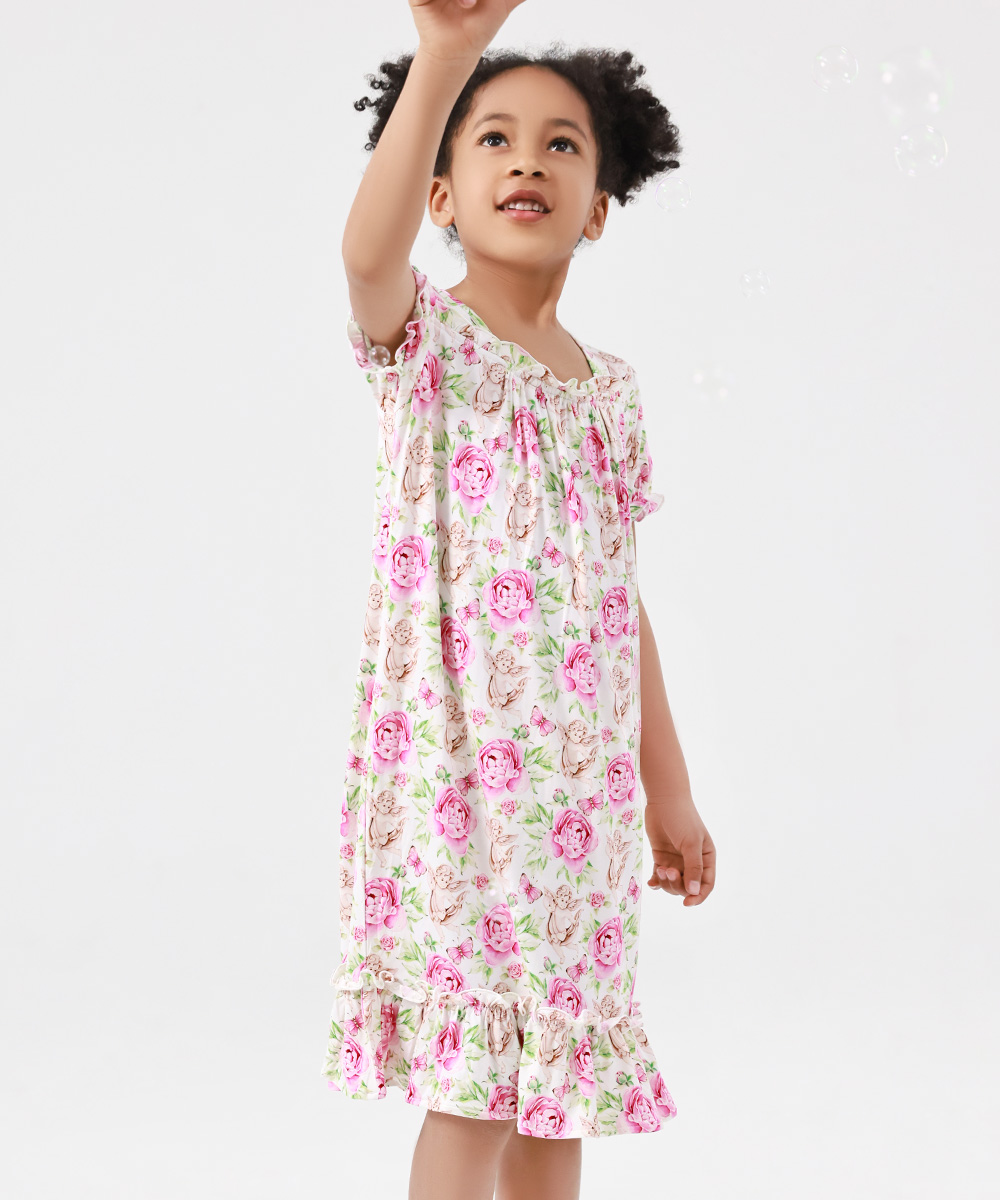 3T-12Y Girls' Short Sleeve Casual Bamboo Pajama Dresses