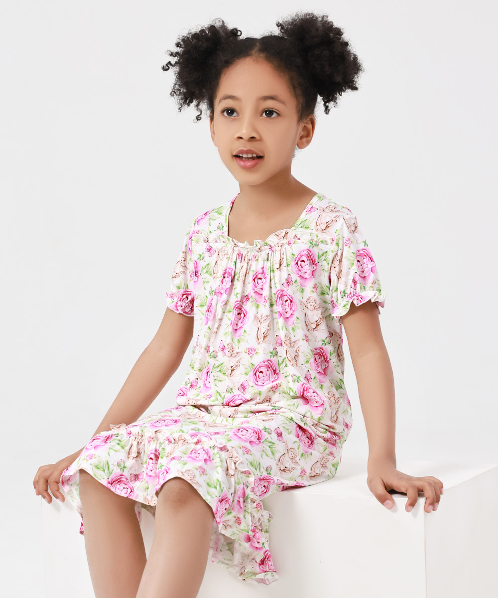 3T-12Y Girls' Short Sleeve Casual Bamboo Pajama Dresses