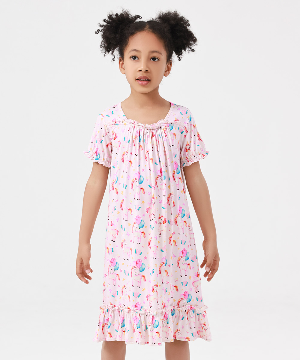 3T-12Y Girls' Short Sleeve Casual Bamboo Pajama Dresses