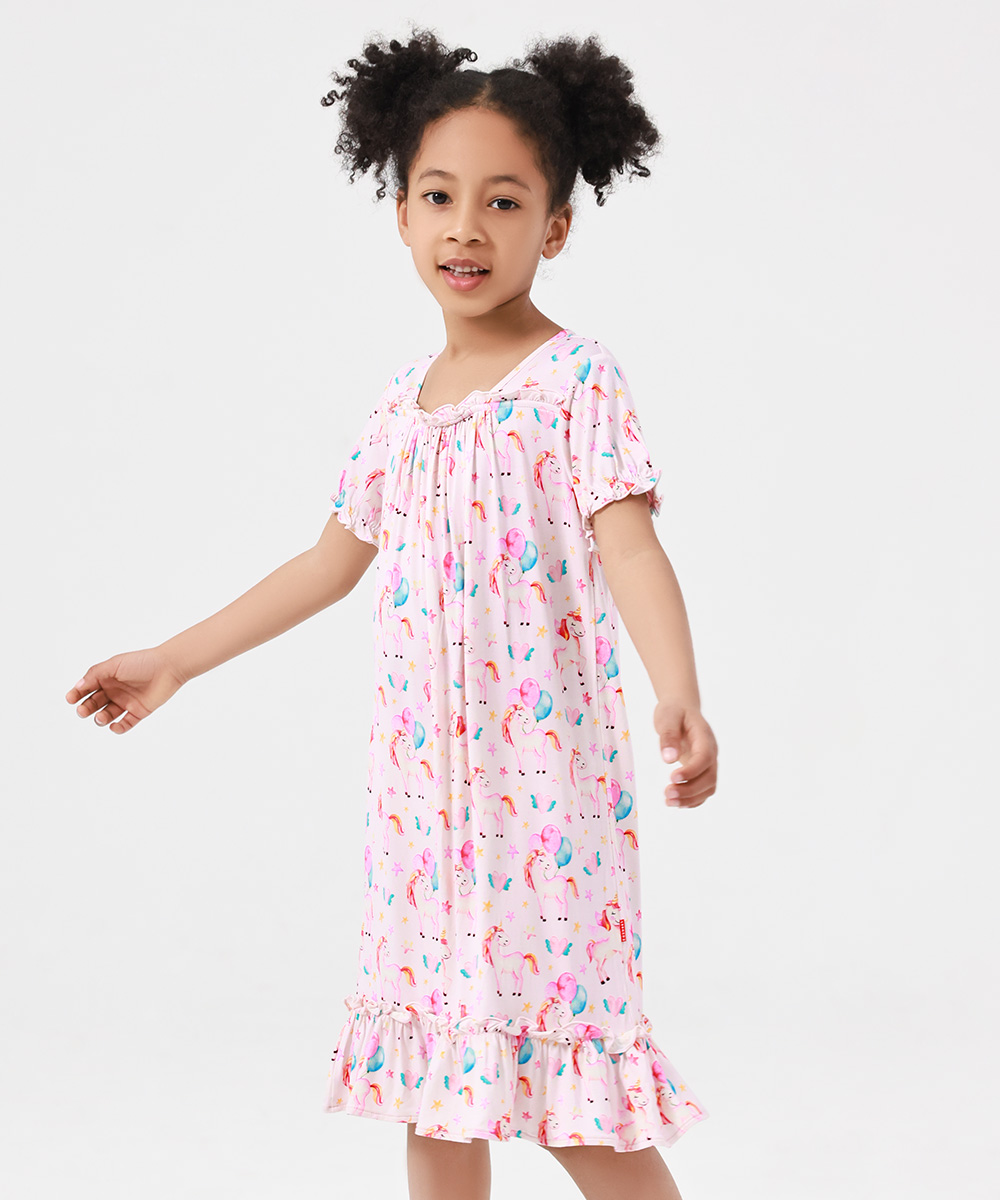 3T-12Y Girls' Short Sleeve Casual Bamboo Pajama Dresses