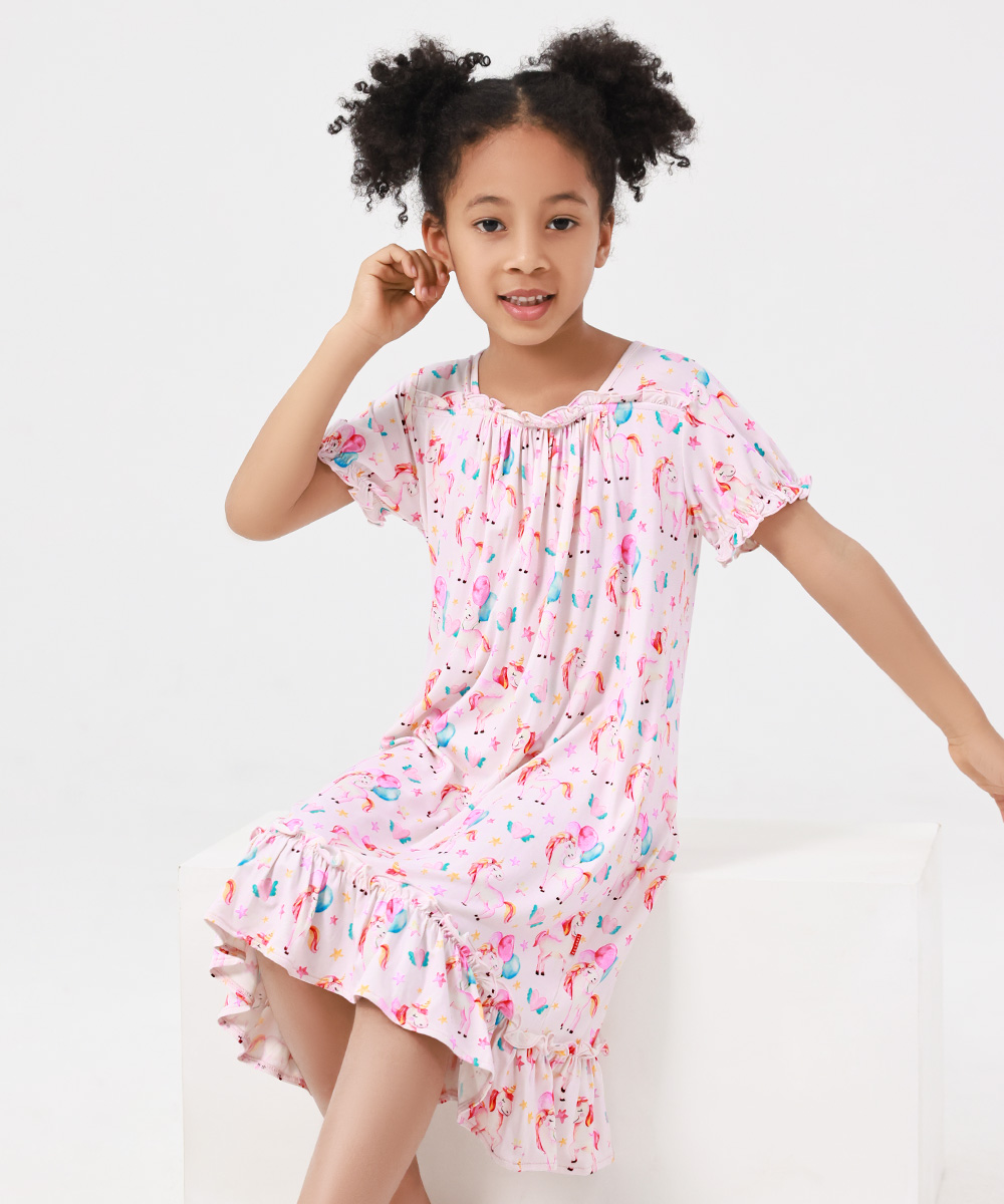 3T-12Y Girls' Short Sleeve Casual Bamboo Pajama Dresses
