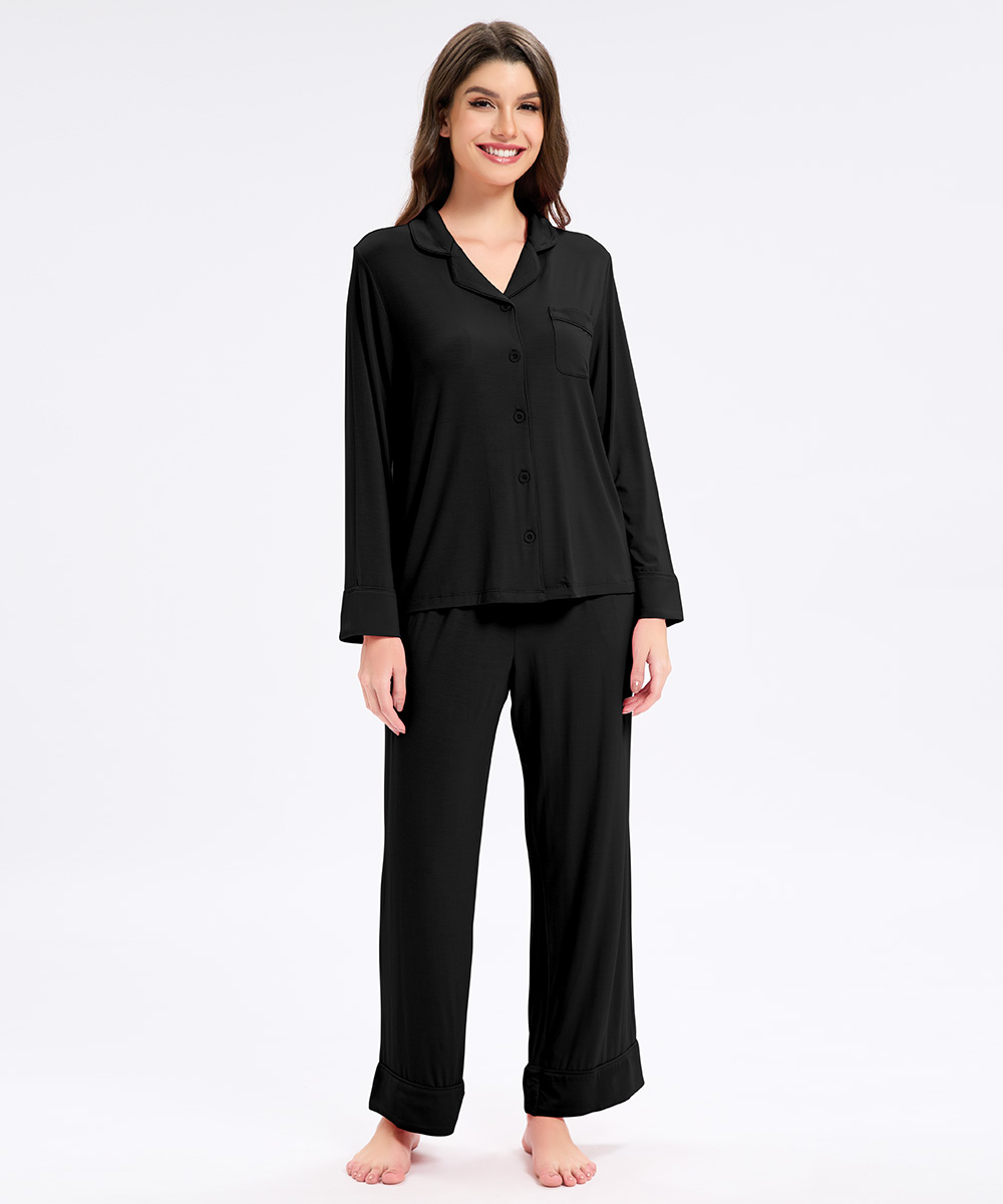 Womens Bamboo Notch Collar Solid Color Pajama Sets 