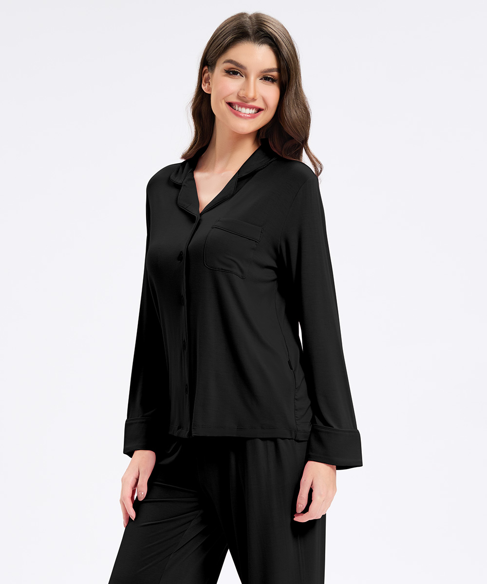 Womens Bamboo Notch Collar Solid Color Pajama Sets 