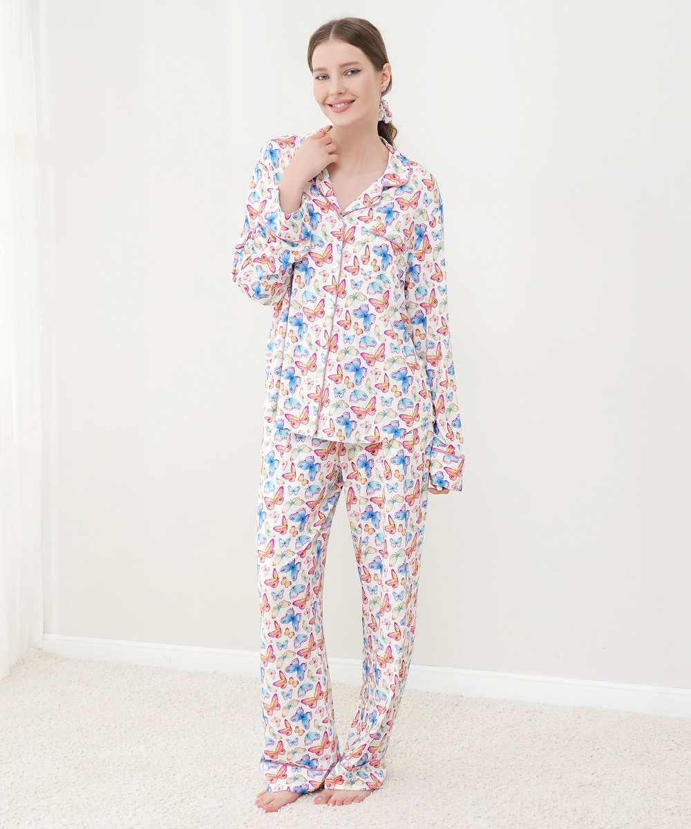 Womens Bamboo Notch Collar Button Down  Pajama Sets 