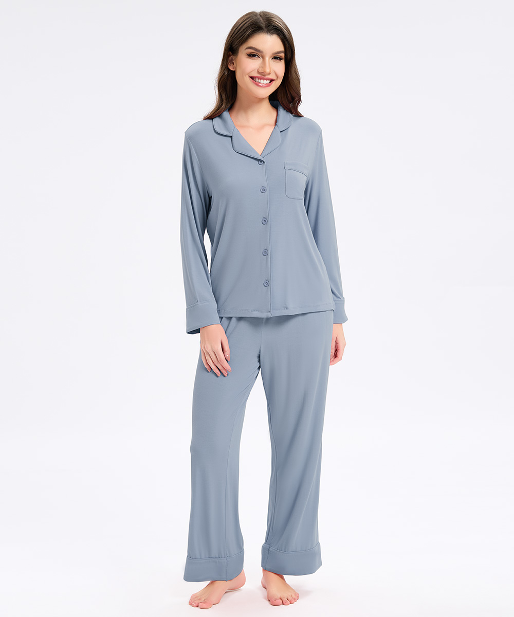 Womens Bamboo Notch Collar Solid Color Pajama Sets 