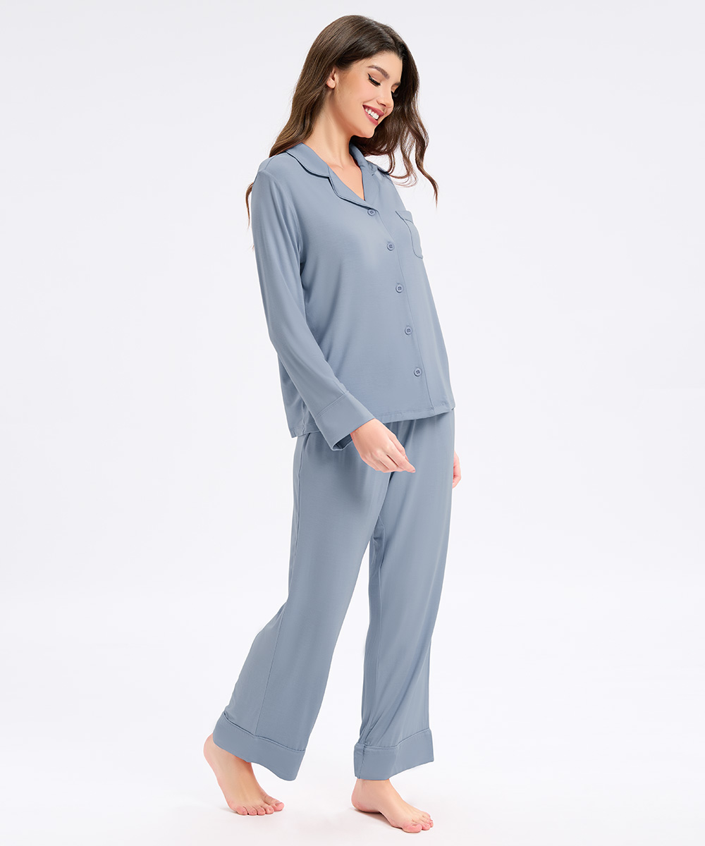 Womens Bamboo Notch Collar Solid Color Pajama Sets 
