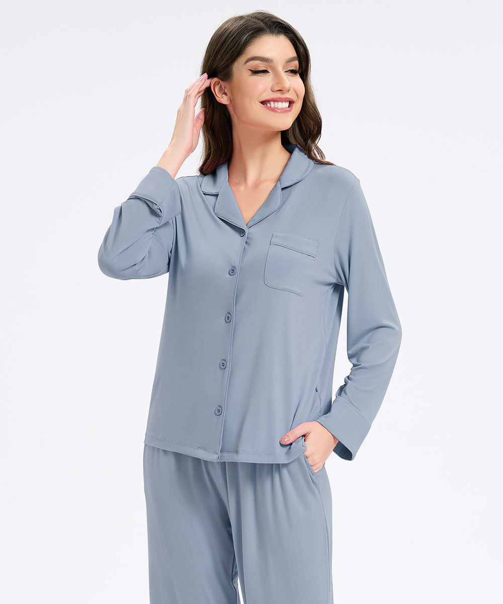 Womens Bamboo Notch Collar Solid Color Pajama Sets 
