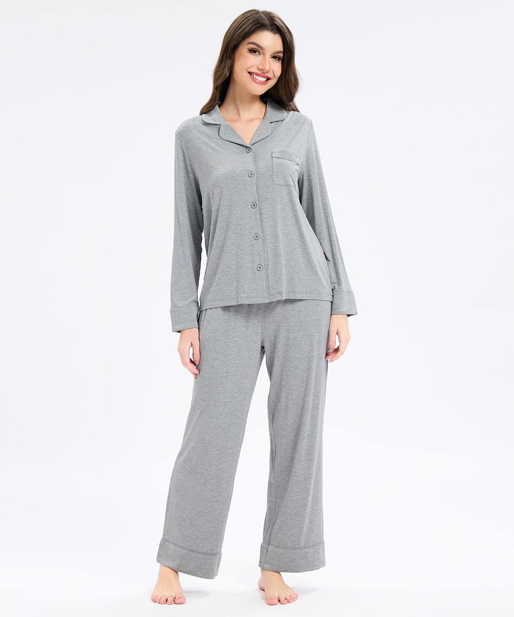 Womens Bamboo Notch Collar Solid Color Pajama Sets 