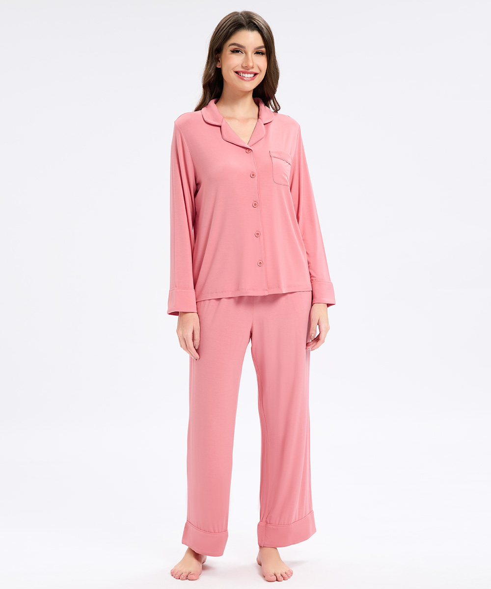 Womens Bamboo Notch Collar Solid Color Pajama Sets 