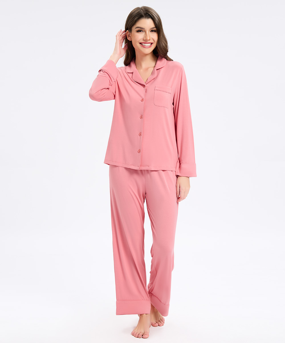 Womens Bamboo Notch Collar Solid Color Pajama Sets 
