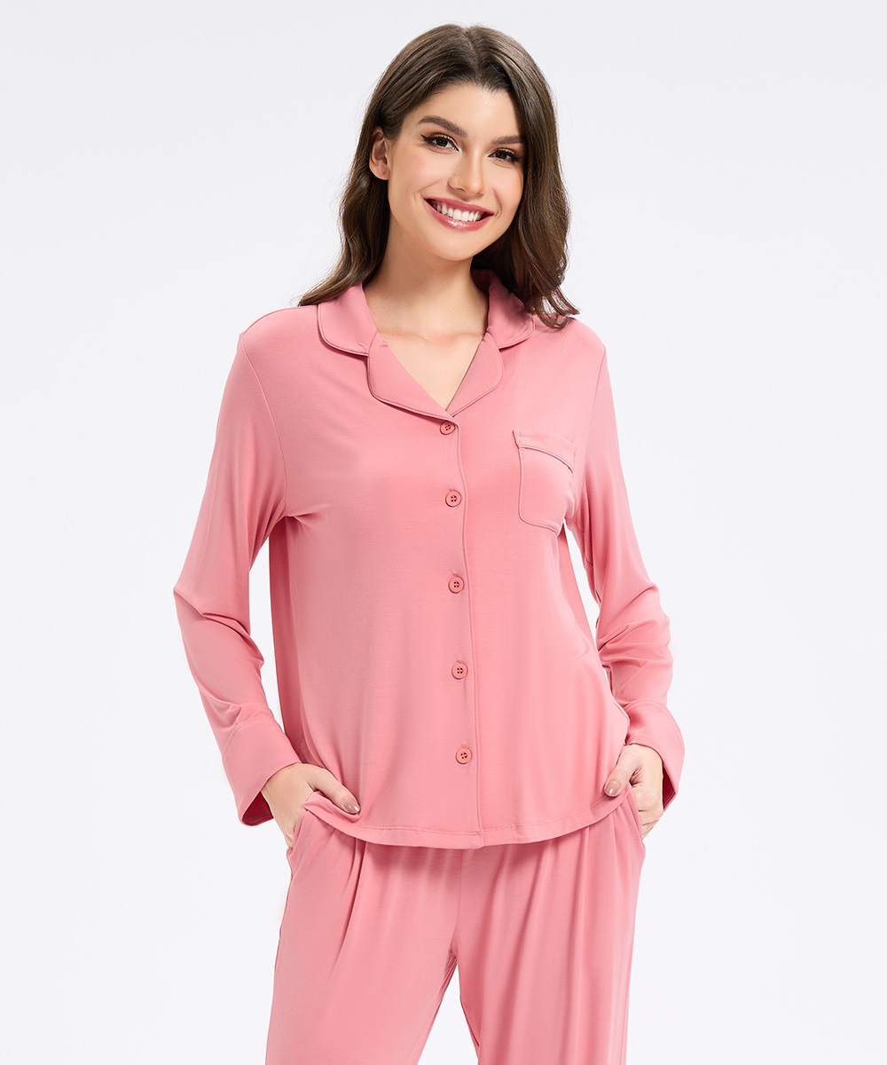 Womens Bamboo Notch Collar Solid Color Pajama Sets 