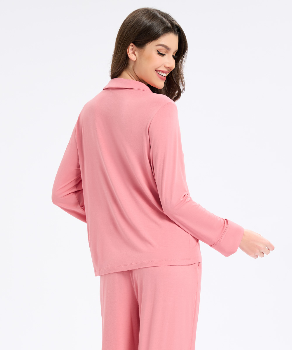 Womens Bamboo Notch Collar Solid Color Pajama Sets 