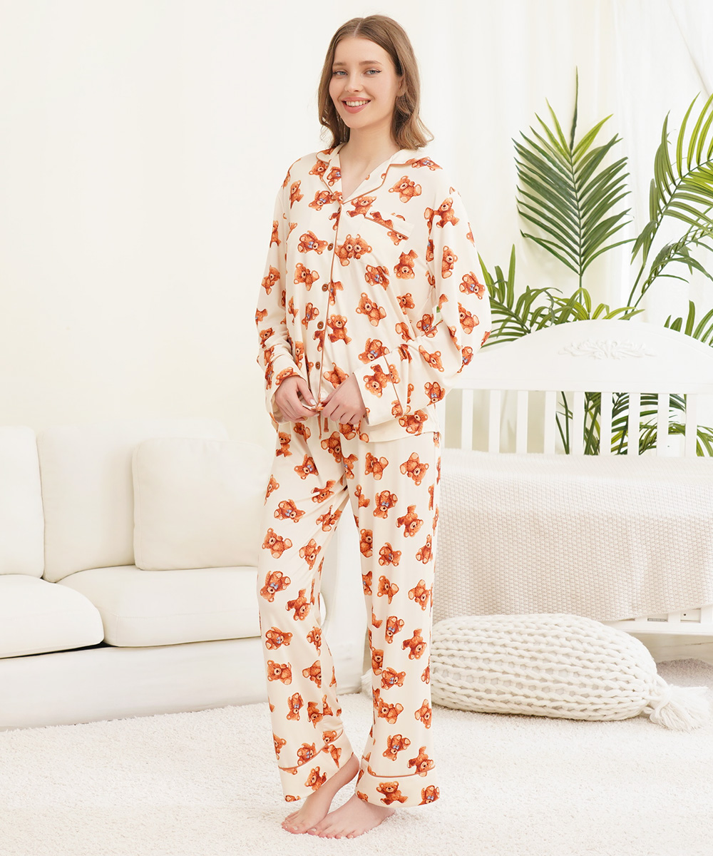Womens Bamboo Notch Collar Button Down  Pajama Sets 